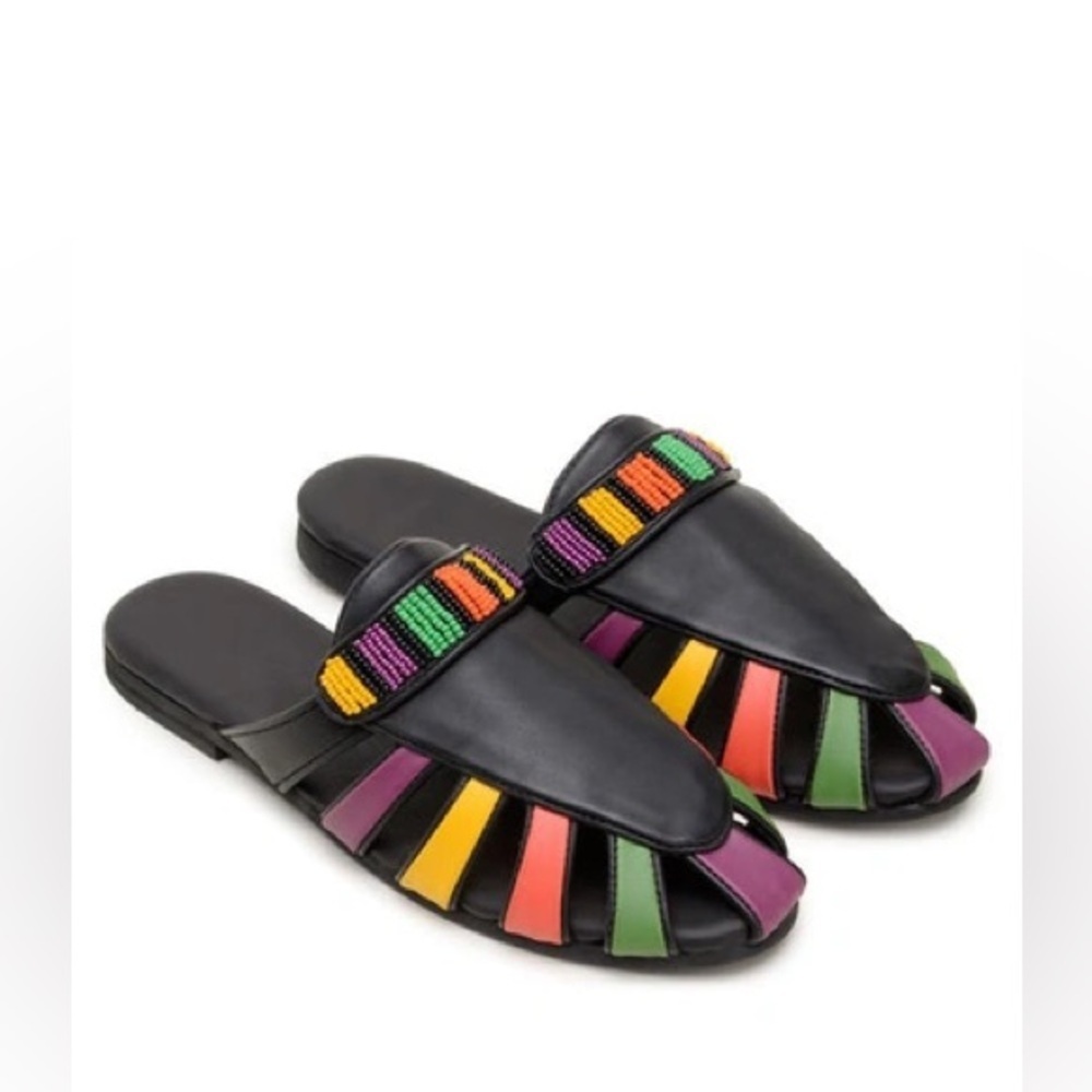 NWT FARM Rio Black Boho Rainbow Beaded Mules 7.5 - Picture 2 of 11
